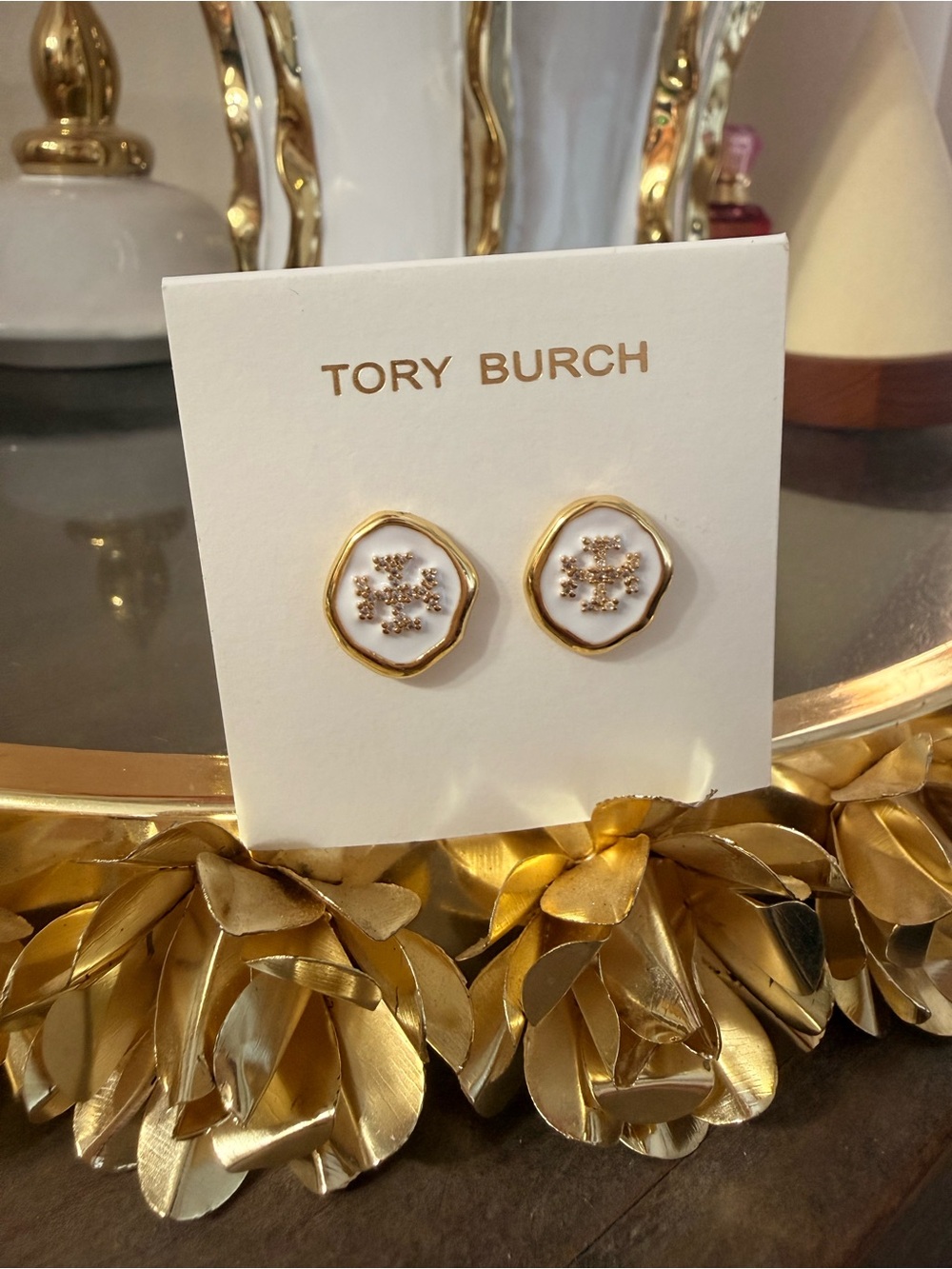 Tory Burch White and Gold Resin Logo Earrings
